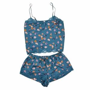Victoria Secret Floral Lace-Trim Satin Cami & Short Set, Teal Medium